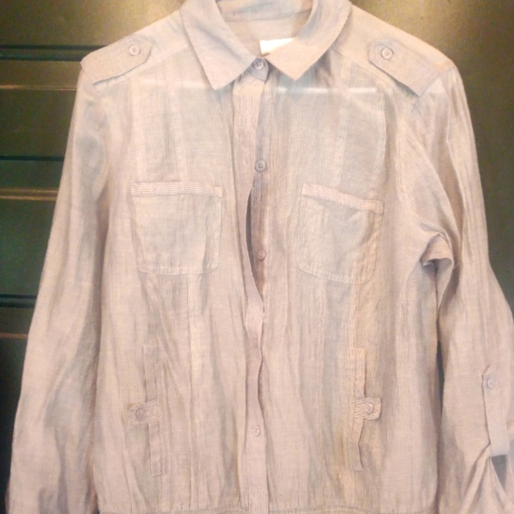 Chico's size 2 blouse.  Grey striped. Long sleeve. Lucocrl/nylon.